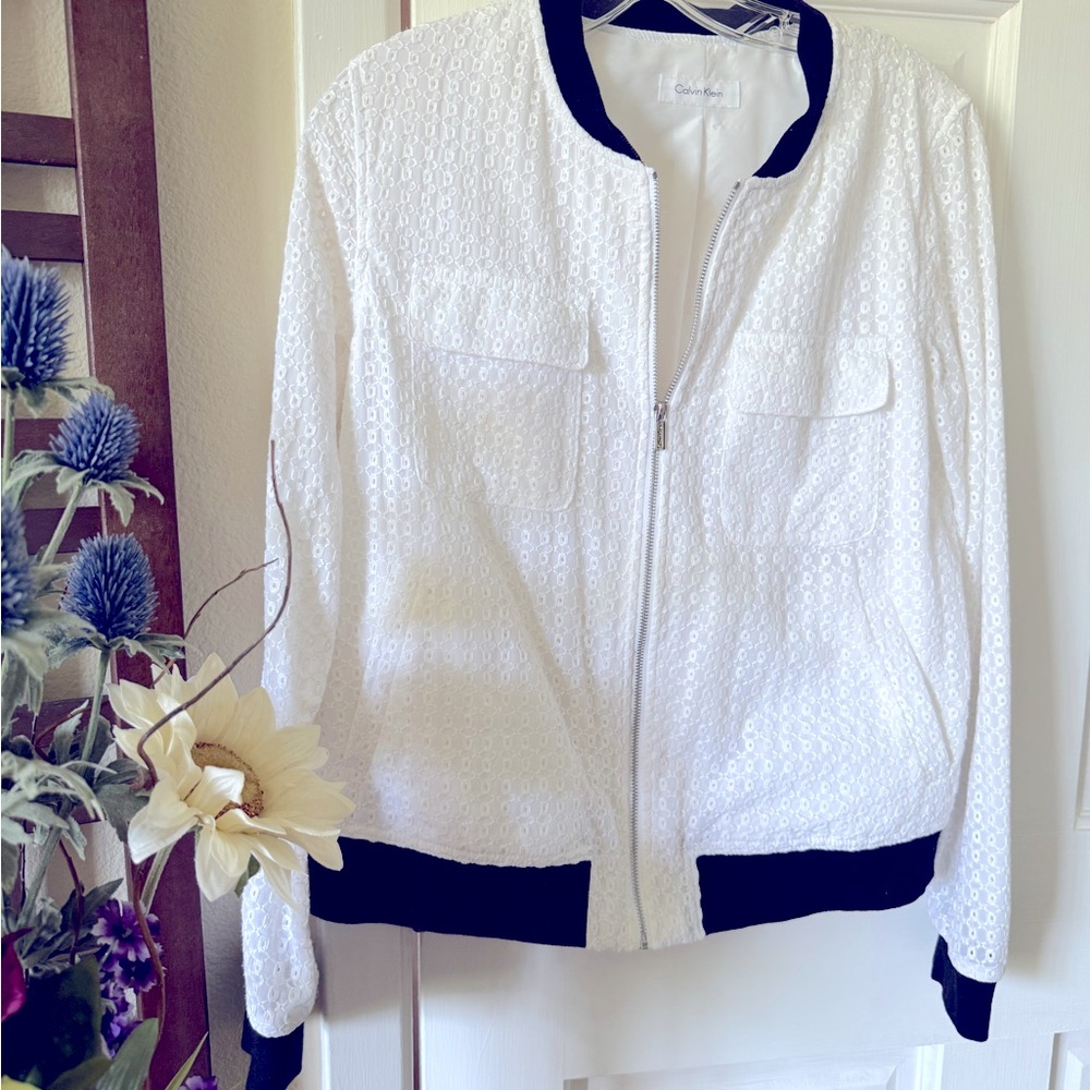 Calvin Klein Black and White Bomber Jacket Modern Design